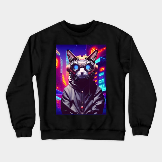 Techno Cat In Japan Neon City Crewneck Sweatshirt by jodotodesign